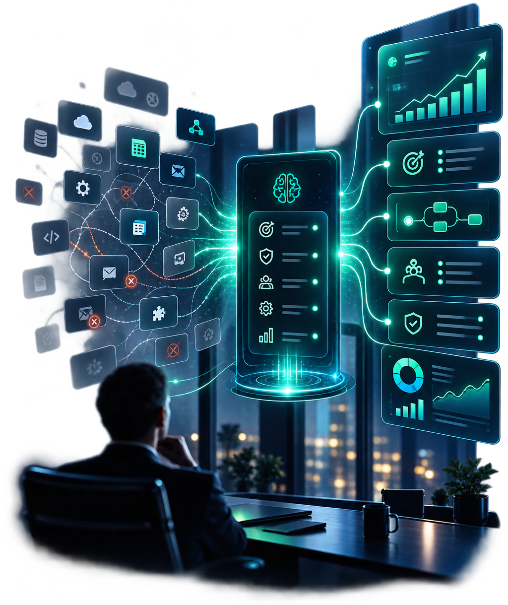 An executive reviewing a central AI operating dashboard that connects business applications to strategy, governance, teams and performance
